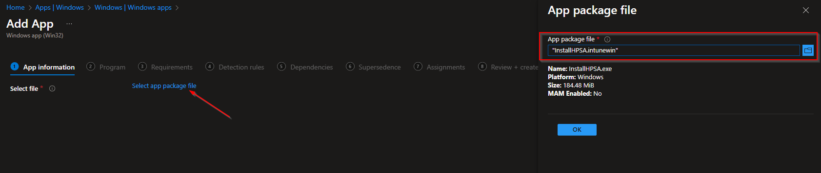 Uploading IntuneWin app package in Intune